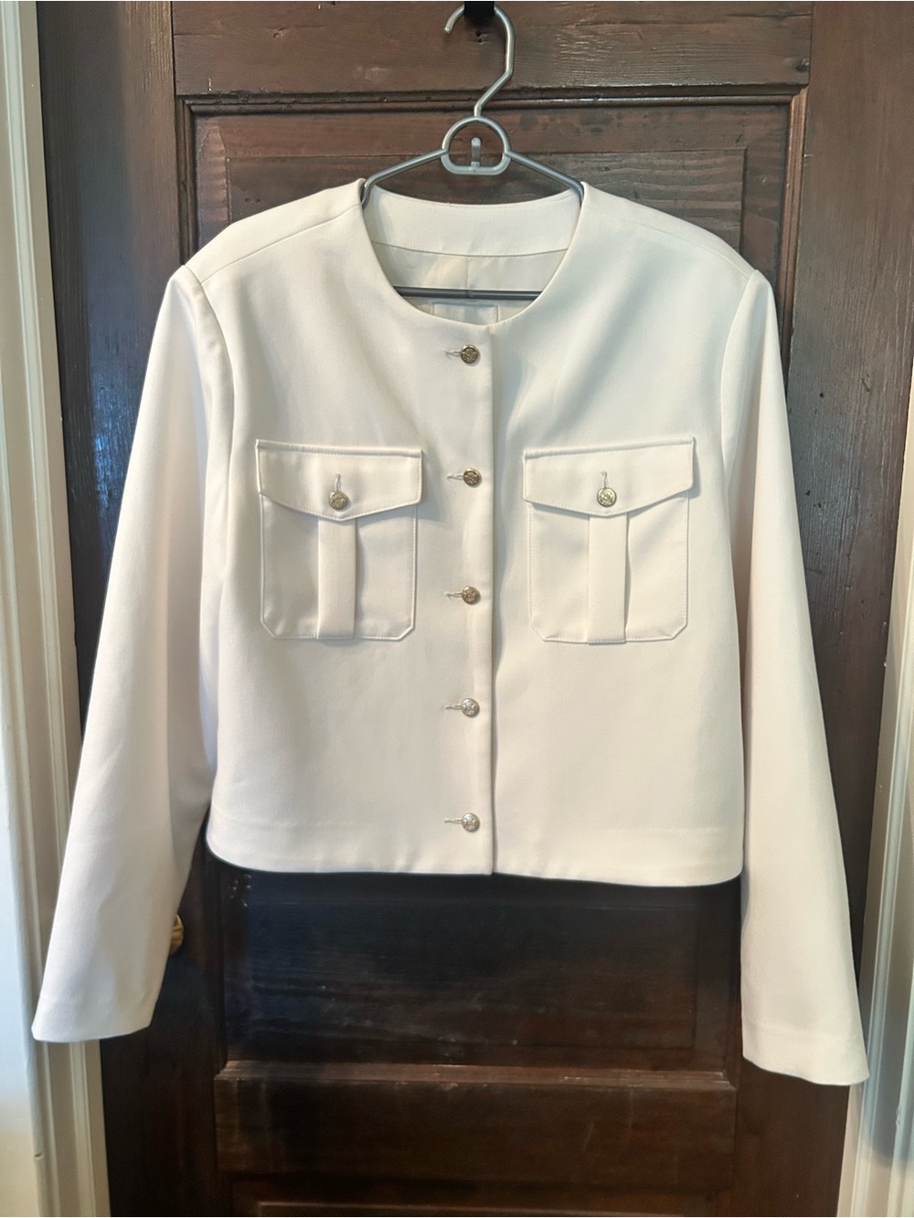 Abercrombie & Fitch Women's Cream Collarless Blazer with Gold Buttons